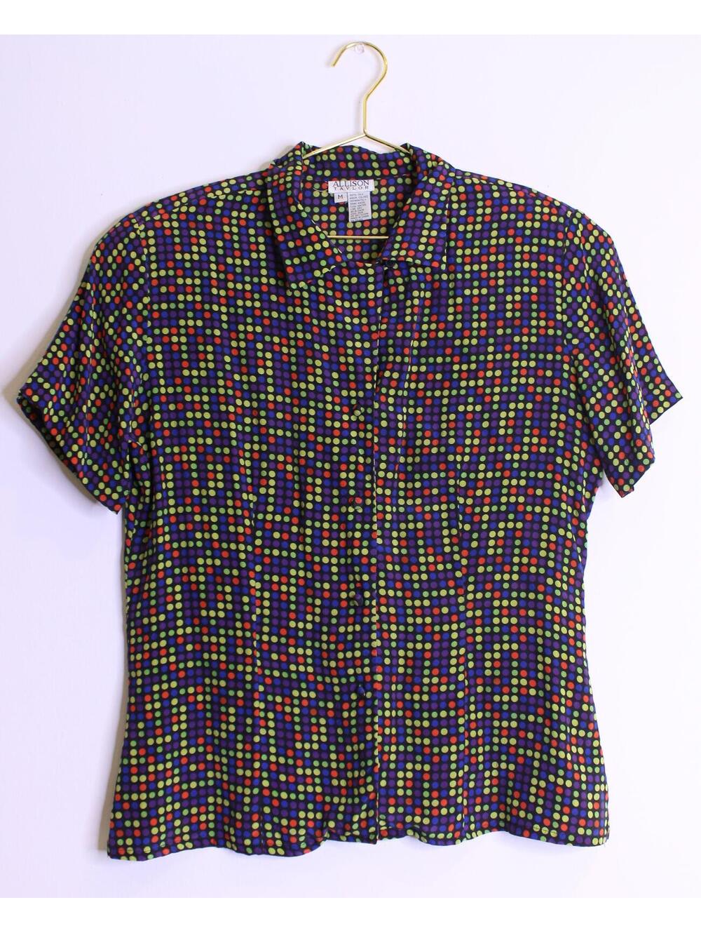 VTG Dark Colorful Polka Dot Silk Short Sleeve Blouse - Medium